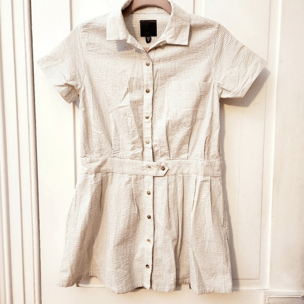 Joe's Jeans Short-Sleeve Button-Down Shirt Dress in Light Cream Stripe